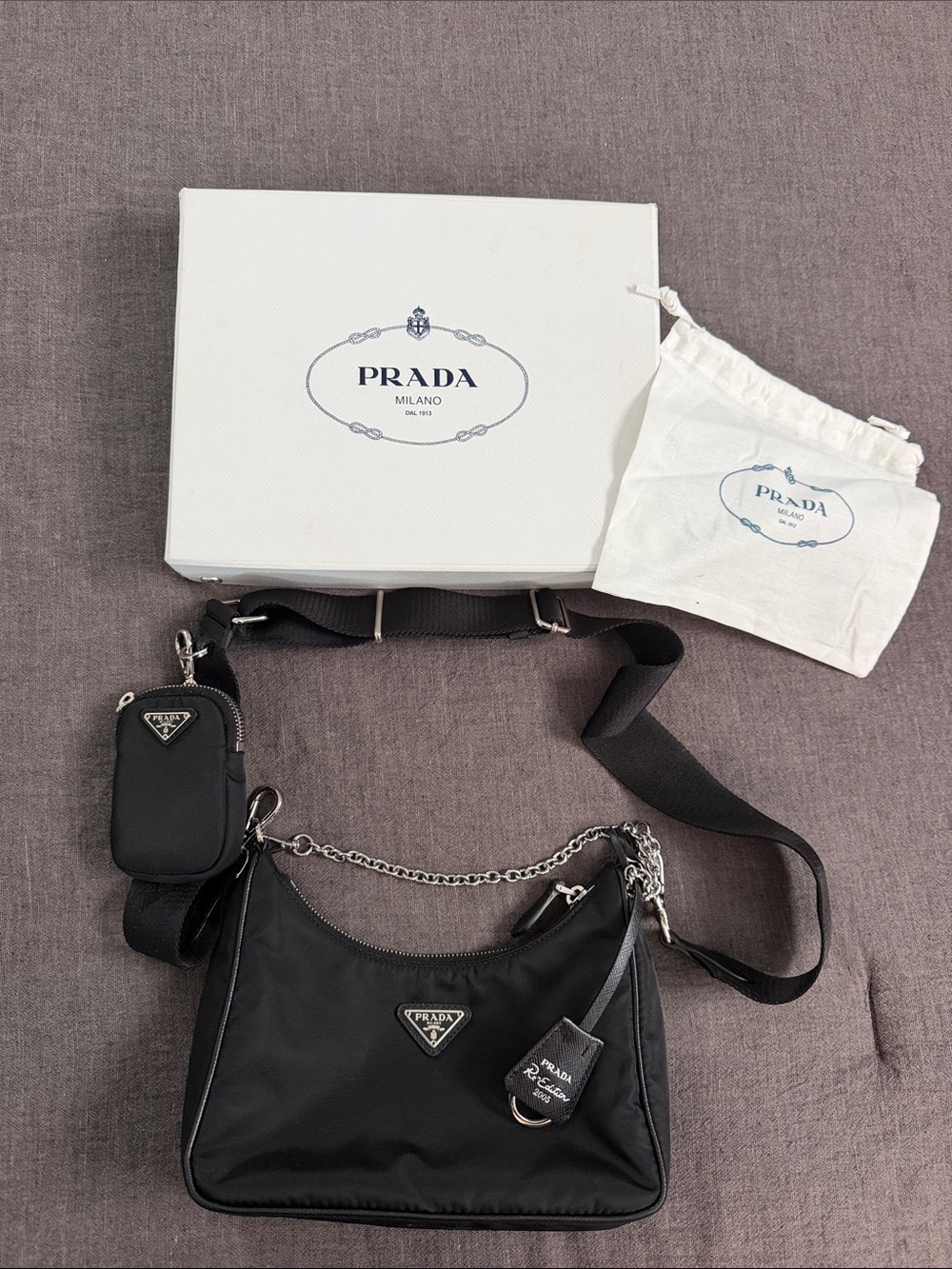 Prada Black Nylon Shoulder Bag with Chain Accent and Detachable Pouch